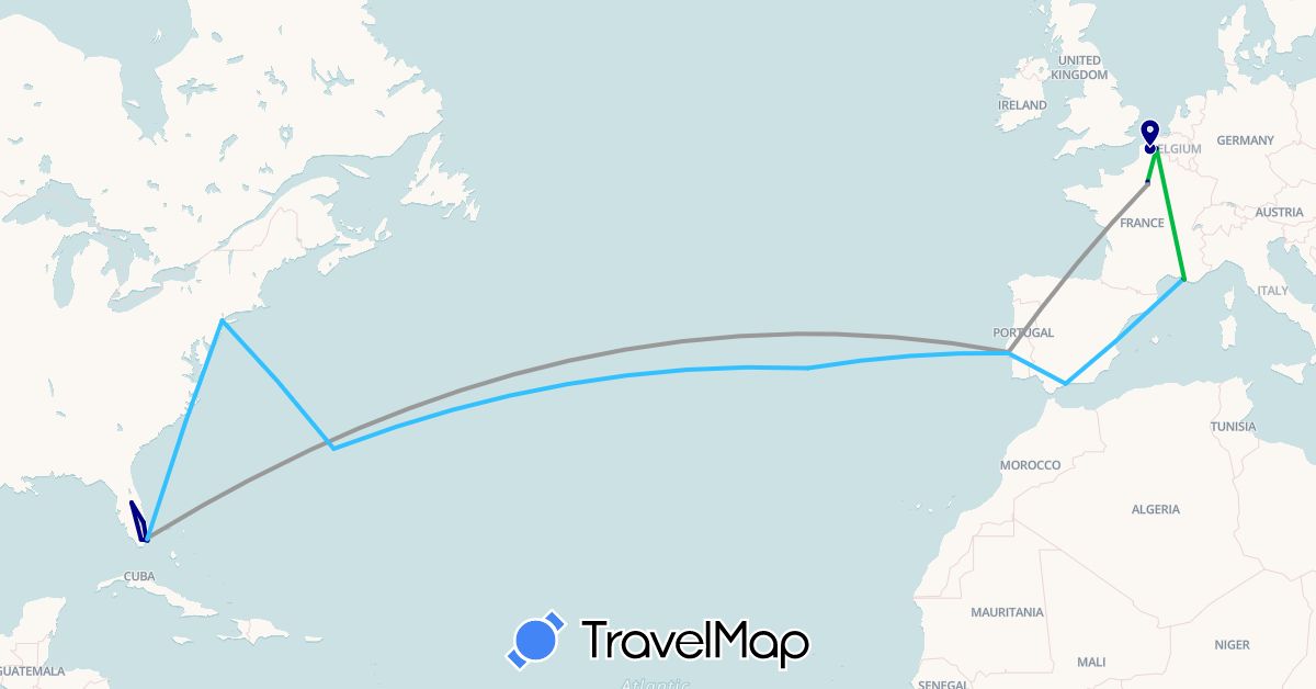 TravelMap itinerary: driving, bus, plane, hiking, boat in Bermuda, Spain, France, Portugal, United States (Europe, North America)